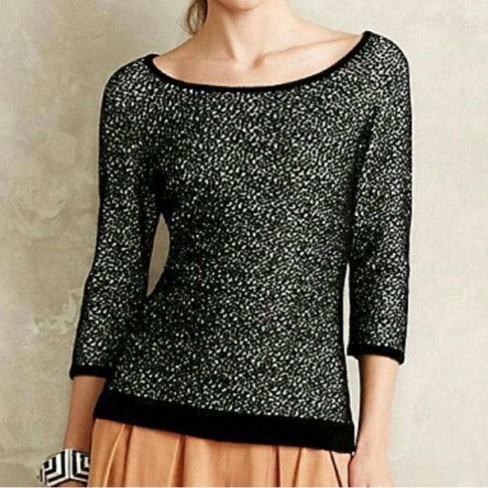 Moth Anthropologie Black White Chenille Three Quarter Sleeve Lana Sweater